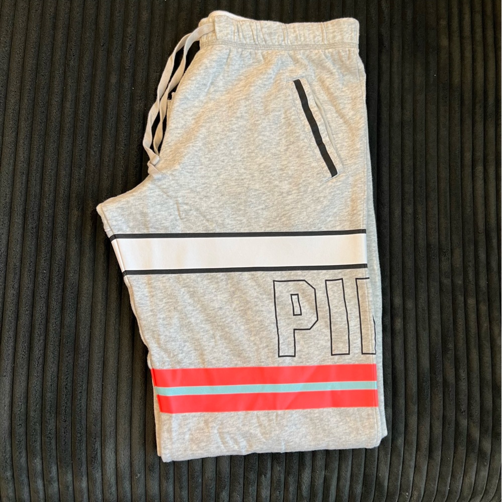 PINK Victoria’s Secret heathered gray sweats w/coral + light blue stripes SIZE M